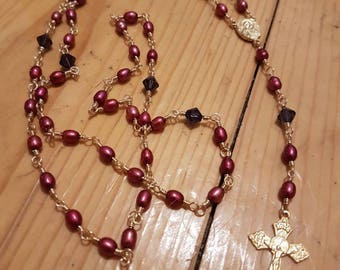 Red Pearl, Purple Crystal and Gold Rosary
