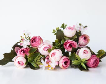 13 Small Mini Vintage Inspired Ranunculus Buds in White and Hot Pink plus Foliage - silk artificial flower - ITEM 01146