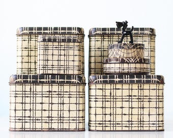 Vintage Black and White Plaid Tin Boxes, Set of 7