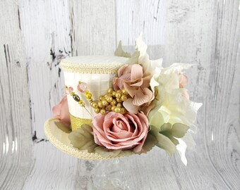 White, Pink, Green and Gold Flower Garden Large Mini Top Hat Fascinator, Alice in Wonderland, Mad Hatter Tea Party, Derby Hat