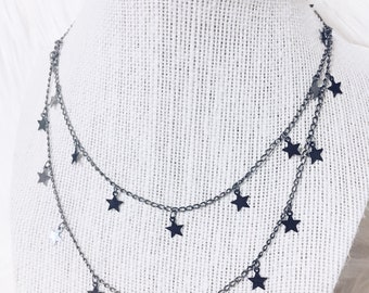 Gunmetal double layer star drop chain necklace