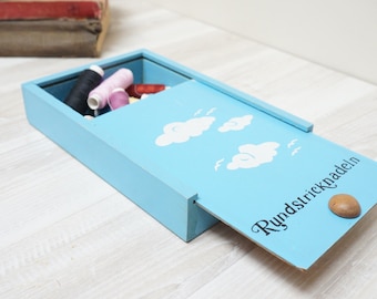 Wooden sliding top craft box Vintage Retro home Decor slide for circular knitting needles made in Germany blue with clouds print supply