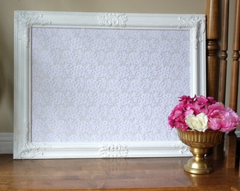 Intricate White Framed Corkboard Cork Board Lace Fabric Seating Chart Escort Cards Wedding Decor