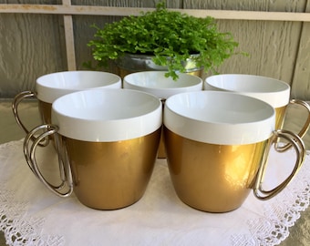 Thermo Serv Mugs/ Gold Insulated cups with chrome handles/ 60's drink ware/ set of five/ onlyformejewelry/ for campers and outdoors