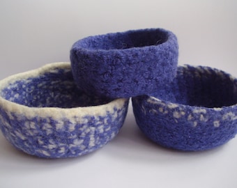 felted wool bowls set of 3 nesting violet and cream colored containers