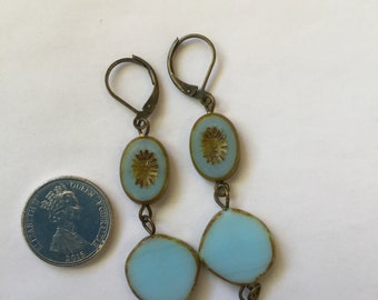 Antique Style Pale blue czech glass earrings, dangling drop