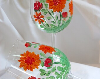 Orange Mums Wine Glasses - hand painted - set of 2