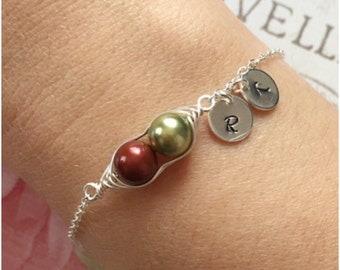 Personalized 2 Peas in a Pod Bracelet - PeaPod Bracelet Wrapped in Sterling Silver Wire - Custom Two Peas in a Pod with Hand Stamped Initial