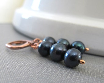Pearl Earrings, Navy Blue Pearls, Copper Earrings, Navy Pearl Trio, Dangle Earrings, Copper, Pearl Jewelry, Copper Jewelry