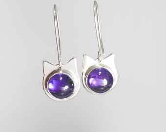 Earrings, Cat Face, Cat Face Earrings, Amethyst Earrings