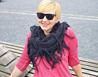 Knit black scarf Knitted black scarf Knit fringe scarf Oversized scarf Blak Large scarf black long scarf oversize Wool black scarves