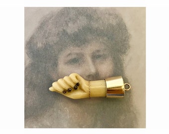14k Antique Figa, Ivory Tone Hand Pendant, Mano Fico, Bakelite, 14k Gold, 1930's Figa, Amulet, Charm