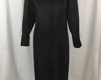 vintage 1980's black satin coat / Gallè I. Magnin / sateen / dress coat / women's vintage coat / tag size 10