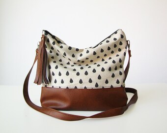 Raindrops Boho bag, Crossbody bag, Canvas and Vegan Leather, Slouchy Messenger bag, Shoulder bag, Tassels, Clutch purse