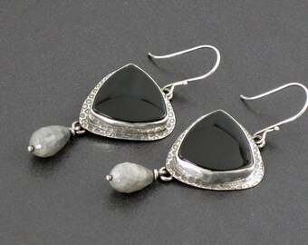 Black Onyx Labradorite Earrings, dangle earrings, black silver gray, sterling silver, boho, bohemian, black onyx, labradorite, michele grady