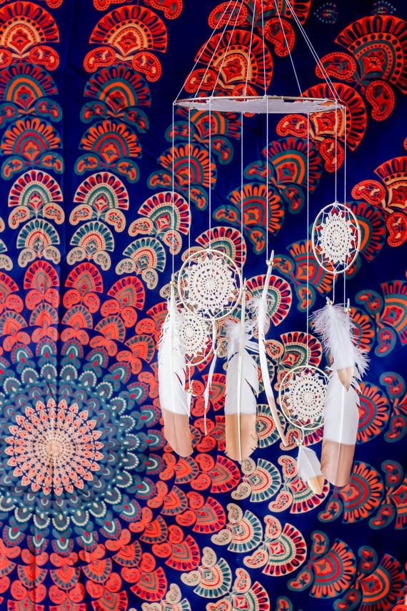 Items similar to White Feather Mobile White and Gold Boho Bohemian
