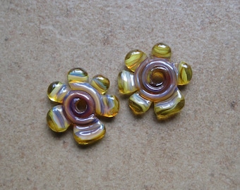 Lampwork Beads - SueBeads - Disc Beads - Disc Flowers - Autumn Toned Cut Disc Flower Bead Pair - Handmade Lampwork Beads - SRA M67