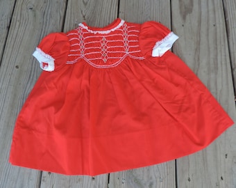 red smocked baby dress vintage 1960s Polly Flinders dress and diaper cover set 3-6 months