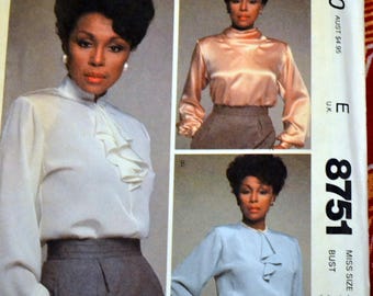 UNCUT Vintage McCall's 8751 Sewing Pattern Diahann Carroll Misses' Ruffled Blouse Size 16 Bust 38 inches Complete