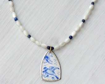 Vintage Necklace, Dove Necklace, Mother of Pearl Necklace, Tin Pendant Necklace, Romantic Gift, Bird Necklace, Mothers Day Gift