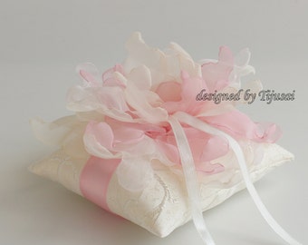 Ivory Wedding ring pillow with pink/cream/ivory curly flower---ring bearer pillow, wedding rings pillow , wedding pillow