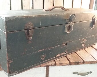 Wooden Tool Box, Large Wooden Carpenters Tool Box, Old Wood Carpenters Toolbox, Large Green Wooden Toolbox, Tool Box, Tool Box