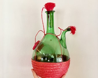 Vintage - Green Glass Wine Decanter - Pink Corks - Pink Woven Wicker Base Cover - Ice Chamber