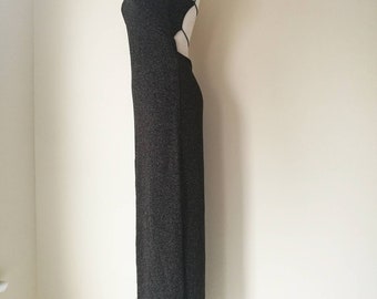 Vintage Metallic black open back maxi dress long party dress