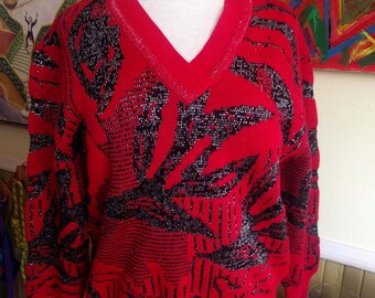 80s Abstract Sweater/Red & Black V Neck/Silver Metallic Thread/Glitzy Sparkle/Acrylic/Funky Boho