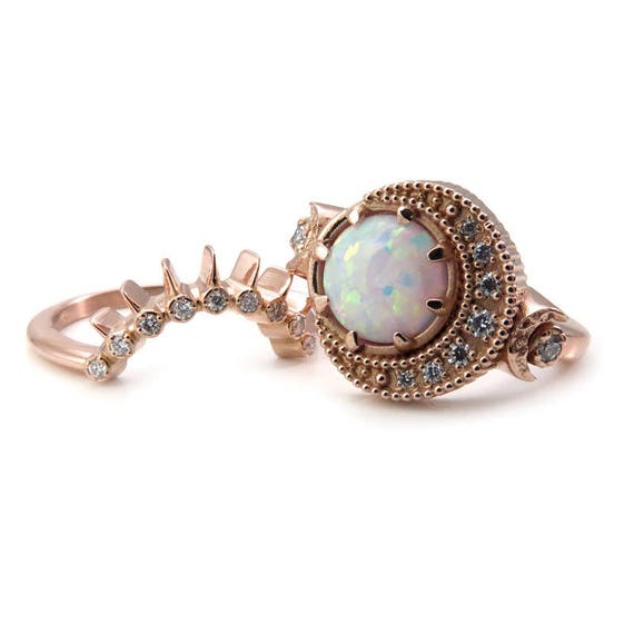 Lab White Opal Moon Phase Engagement Ring Set with Diamond Sunray Wedding Band - 14k Yellow, Rose or Palladium White Gold