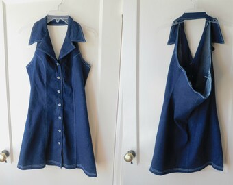 Vintage 90s Button Down Denim Babydoll Halter Dress Busty Size Small
