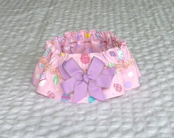 Easter Eggs on Pink Dog Scrunchie Collar with gimp trim and lilac bow - Size L: 16" to 18" neck