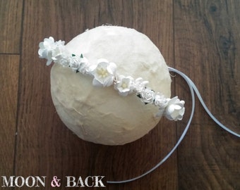 Handmade White Flower Crown Halo Tieback Newborn Baby Girl Photography Photo Prop or Flower Girl Hair Accessory