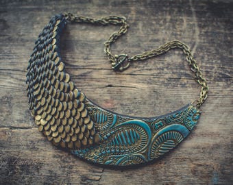 Statement necklace asymmetric Bib necklace gold blue necklace polymer clay necklace patina necklace choker necklace squama necklace