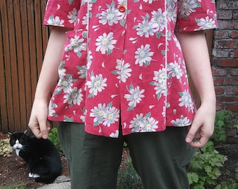 1940s daisy print cotton smock blouse // large or XL