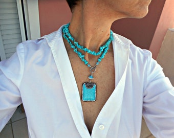 Long turquoise necklace, Semi precious stone jewelry, Turquoise pendant necklace for women, Real turquoise jewelry, Turquoise bead necklace