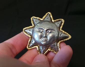 Vintage Signed JJ Gold And Silver Sun Moon And Stars Man In The Moon Brooch Pin