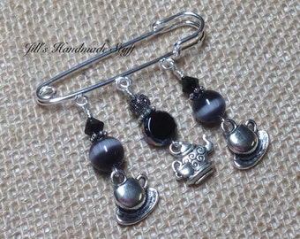 Wire Teapot Brooch | Shawl Pin Jewelry | Beaded Black Kilt Pin