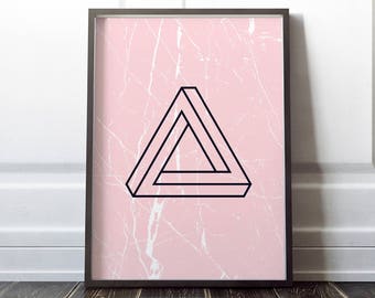 Penrose Triangle Impossible Geometry Pink White marble print decor printable wall art poster digital download instant printable 16x20 A4