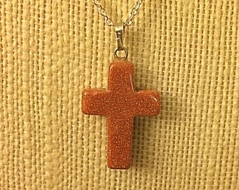 Sterling Silver Natural Genuine GOLDSTONE CROSS Pendant Necklace - Sterling Silver 18" Chain - Natural Stone Necklace - AGATE -