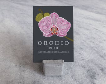 2018 Mini Desk Calendar with Concrete Stand, Orchids, Monthly Calendar, stocking stuffer, illustrated flowers, floral
