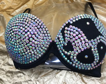 Style CSABS Size 36A Convertible Black Bra w/AB Rhinestones /Bling Bustier - Faux Diamond Burlesque/Dance Recital Costume Top