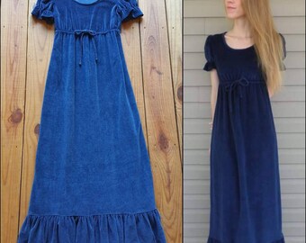 Vintage 60's 70's Susan Fair XS royal blue velvet puff sleeve prairie maxi dress - ruffle hem - empire waist - 1970's