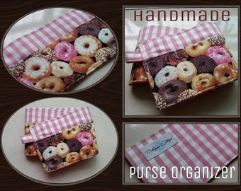 20 inch / 6 pockets Purse / Bag Organizer Insert - (small) Pink Checked and Sweet Donuts print fabric