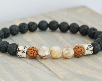 Mother of Pearl Bracelet Mens Rudraksha Bracelet Ox Bone Mala Bracelet Men Surfer Bracelet Lava Jewelry for Men Mother of Pearl Jewelry
