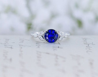 Blue Sapphire Engagement Ring - Art Deco Ring - Vintage Style Ring - CZ Ring - Solitaire Ring - Round Cut Ring - Sterling Silver