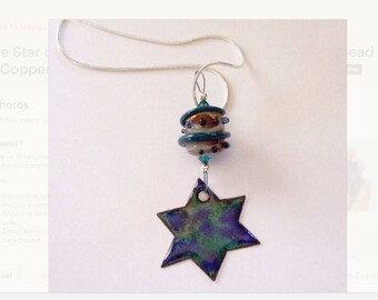 Blue Star of David Necklace - Enamel and Lampwork Bead - Fused Glass over Gold on Copper with Crystals - Silver Plated Chain - Handmade