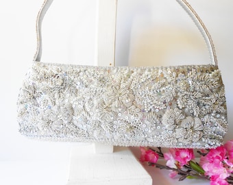 Silver Evening Bag, Beaded Evening Bag, Silver Beaded Bag, Vintage Silver Bag, Sparkly Bead Bag, Sparkly Silver Bag EB-0309