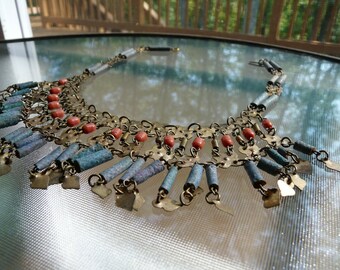 Egyptian Revival Art Deco Coral Turquiose Bib Necklace, circa 1920