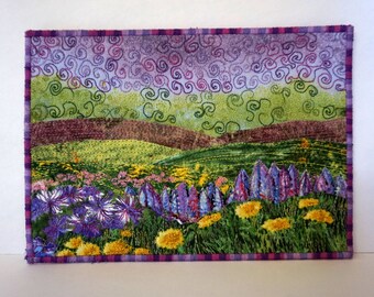 Fabric Postcard Spring Flowers, Quilted Postcard, Textile Art Card Flowers, Nature, Fields, Purple Yellow, Mini Art Quilt, Fabric Collage
